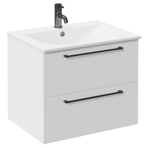 Napoli Gloss White 600mm Wall Mounted Vanity Unit with 1 Tap Hole Minimalist Basin and 2 Drawers with Gunmetal Grey Handles Left Hand View