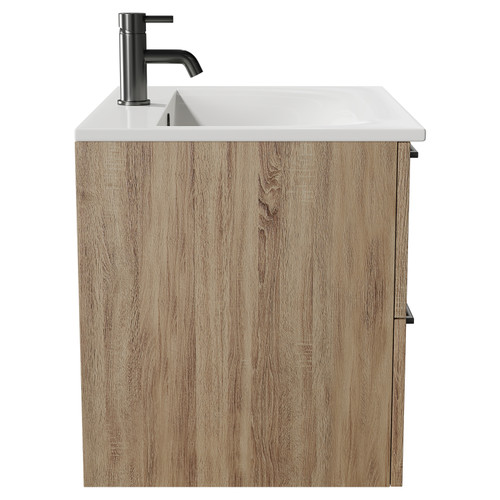 Napoli Bordalino Oak 600mm Wall Mounted Vanity Unit with 1 Tap Hole Minimalist Basin and 2 Drawers with Gunmetal Grey Handles Side View