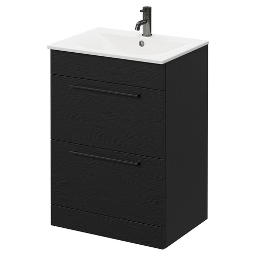 Napoli Nero Oak 600mm Floor Standing Vanity Unit with 1 Tap Hole Minimalist Basin and 2 Drawers with Gunmetal Grey Handles Right Hand View