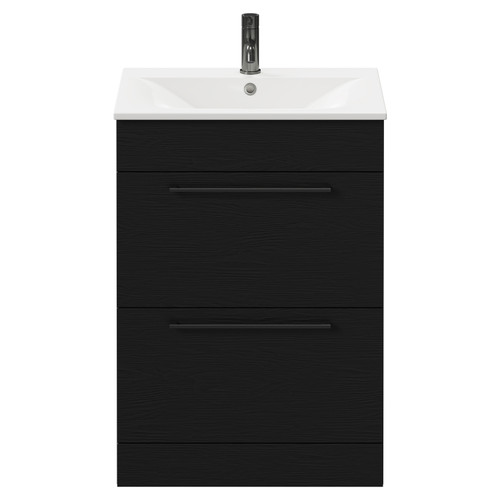 Napoli Nero Oak 600mm Floor Standing Vanity Unit with 1 Tap Hole Minimalist Basin and 2 Drawers with Gunmetal Grey Handles Front View