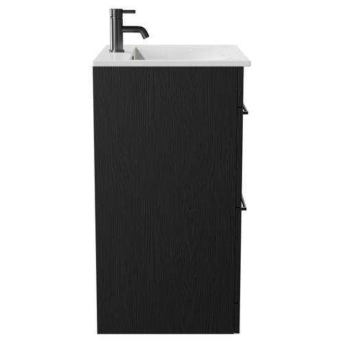 Napoli Nero Oak 600mm Floor Standing Vanity Unit with 1 Tap Hole Minimalist Basin and 2 Drawers with Gunmetal Grey Handles Side View