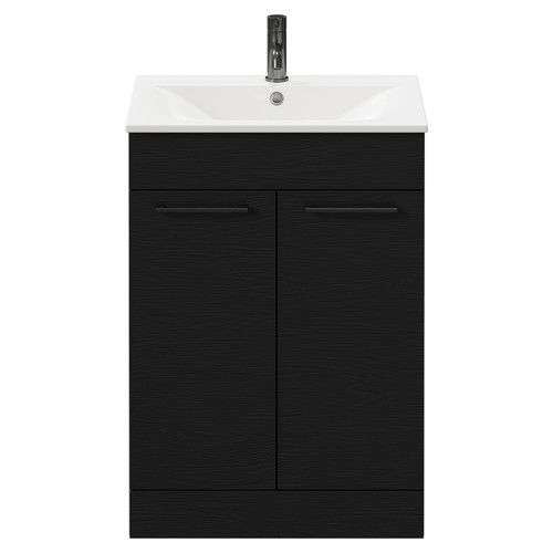 Napoli Nero Oak 600mm Floor Standing Vanity Unit with 1 Tap Hole Minimalist Basin and 2 Doors with Gunmetal Grey Handles Front View