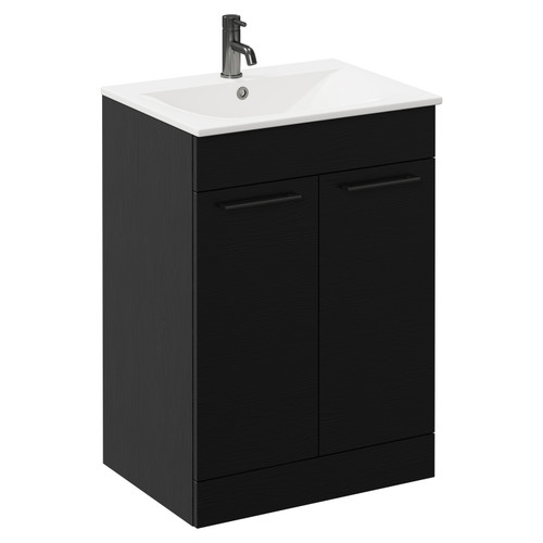 Napoli Nero Oak 600mm Floor Standing Vanity Unit with 1 Tap Hole Minimalist Basin and 2 Doors with Gunmetal Grey Handles Left Hand View