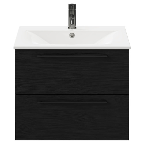 Napoli Nero Oak 600mm Wall Mounted Vanity Unit with 1 Tap Hole Minimalist Basin and 2 Drawers with Gunmetal Grey Handles Front View
