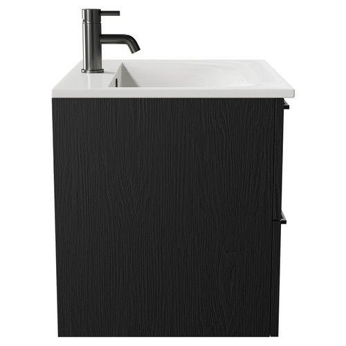 Napoli Nero Oak 600mm Wall Mounted Vanity Unit with 1 Tap Hole Minimalist Basin and 2 Drawers with Gunmetal Grey Handles Side View