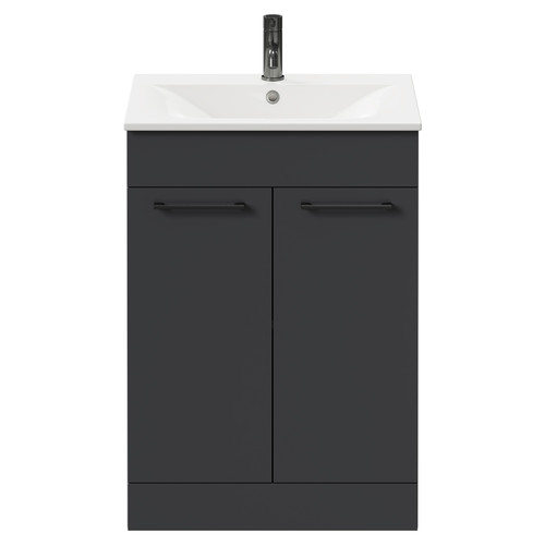 Napoli Gloss Grey 600mm Floor Standing Vanity Unit with 1 Tap Hole Minimalist Basin and 2 Doors with Gunmetal Grey Handles Front View