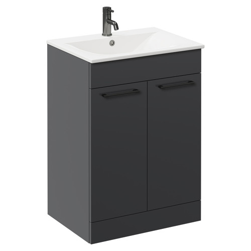 Napoli Gloss Grey 600mm Floor Standing Vanity Unit with 1 Tap Hole Minimalist Basin and 2 Doors with Gunmetal Grey Handles Left Hand View