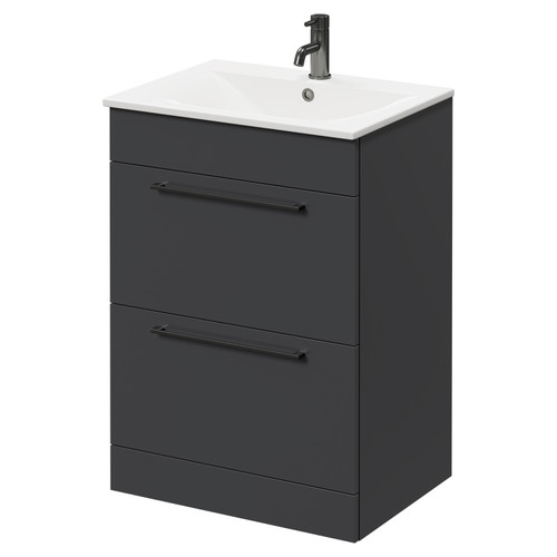 Napoli Gloss Grey 600mm Floor Standing Vanity Unit with 1 Tap Hole Minimalist Basin and 2 Drawers with Gunmetal Grey Handles Right Hand View