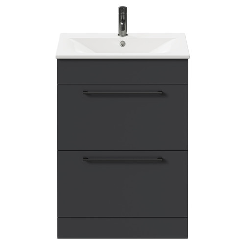 Napoli Gloss Grey 600mm Floor Standing Vanity Unit with 1 Tap Hole Minimalist Basin and 2 Drawers with Gunmetal Grey Handles Front View