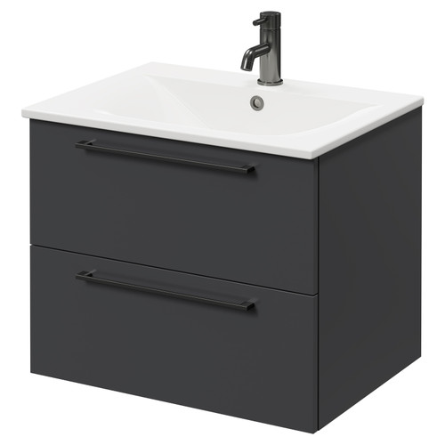 Napoli Gloss Grey 600mm Wall Mounted Vanity Unit with 1 Tap Hole Minimalist Basin and 2 Drawers with Gunmetal Grey Handles Right Hand View