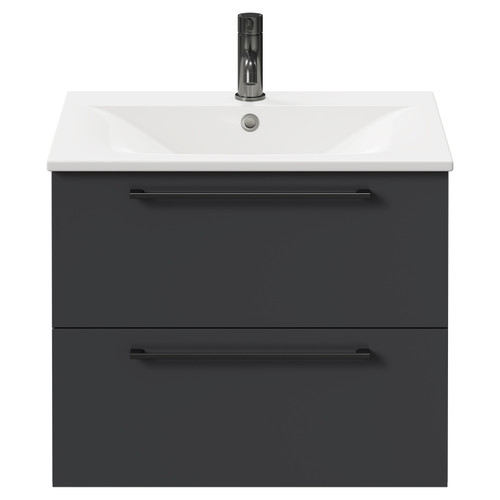 Napoli Gloss Grey 600mm Wall Mounted Vanity Unit with 1 Tap Hole Minimalist Basin and 2 Drawers with Gunmetal Grey Handles Front View