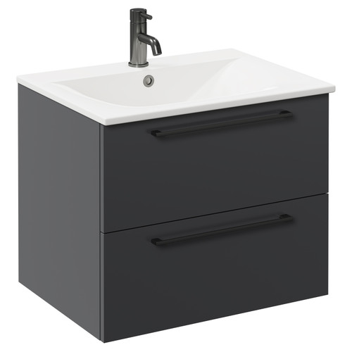 Napoli Gloss Grey 600mm Wall Mounted Vanity Unit with 1 Tap Hole Minimalist Basin and 2 Drawers with Gunmetal Grey Handles Left Hand View