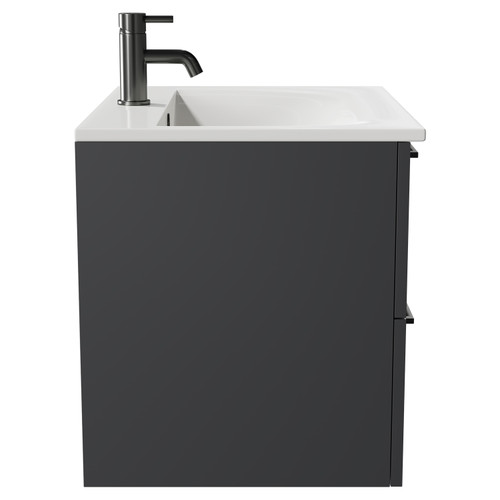 Napoli Gloss Grey 600mm Wall Mounted Vanity Unit with 1 Tap Hole Minimalist Basin and 2 Drawers with Gunmetal Grey Handles Side View