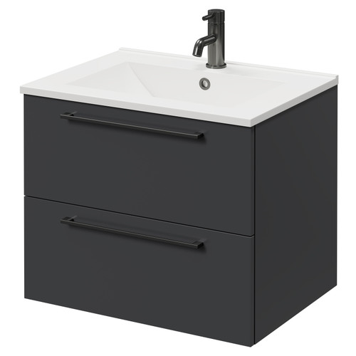 Napoli Gloss Grey 600mm Wall Mounted Vanity Unit with 1 Tap Hole Minimalist Basin and 2 Drawers with Gunmetal Grey Handles Right Hand View Napoli Gloss Grey 600mm Wall Mounted Vanity Unit with 1 Tap Hole Minimalist Basin and 2 Drawers with Gunmetal Grey Handles Right Hand View