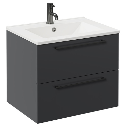 Napoli Gloss Grey 600mm Wall Mounted Vanity Unit with 1 Tap Hole Minimalist Basin and 2 Drawers with Gunmetal Grey Handles Left Hand View