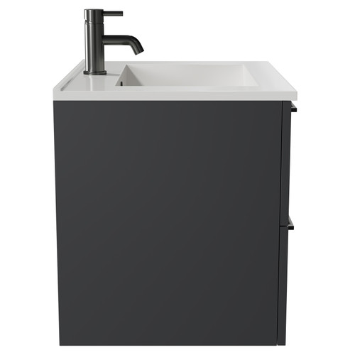 Napoli Gloss Grey 600mm Wall Mounted Vanity Unit with 1 Tap Hole Minimalist Basin and 2 Drawers with Gunmetal Grey Handles View from Side