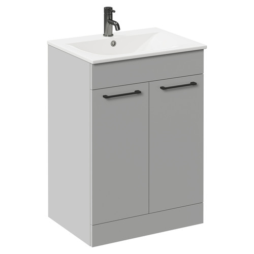 Napoli Gloss Grey Pearl 600mm Floor Standing Vanity Unit with 1 Tap Hole Minimalist Basin and 2 Doors with Gunmetal Grey Handles Left Hand View