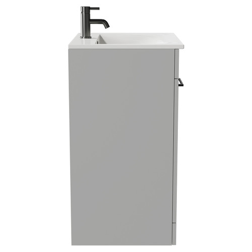 Napoli Gloss Grey Pearl 600mm Floor Standing Vanity Unit with 1 Tap Hole Minimalist Basin and 2 Doors with Gunmetal Grey Handles Side View