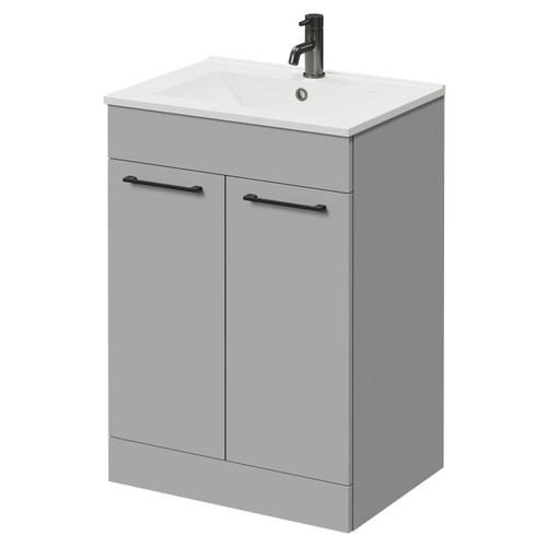 Napoli Gloss Grey Pearl 600mm Floor Standing Vanity Unit with 1 Tap Hole Minimalist Basin and 2 Doors with Gunmetal Grey Handles Right Hand View Napoli Gloss Grey Pearl 600mm Floor Standing Vanity Unit with 1 Tap Hole Minimalist Basin and 2 Doors with Gunmetal Grey Handles Right Hand View