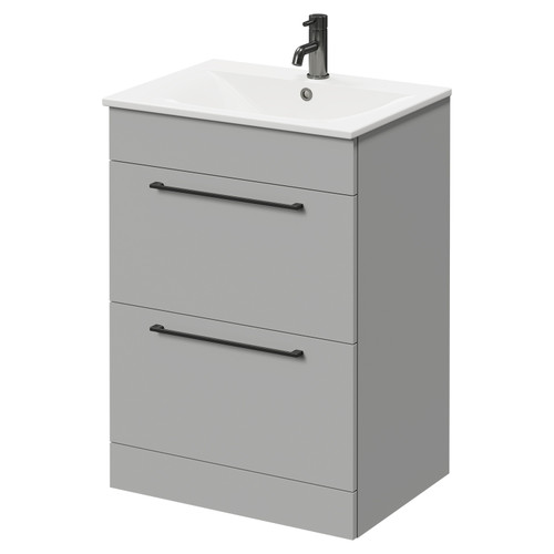 Napoli Gloss Grey Pearl 600mm Floor Standing Vanity Unit with 1 Tap Hole Minimalist Basin and 2 Drawers with Gunmetal Grey Handles Right Hand View