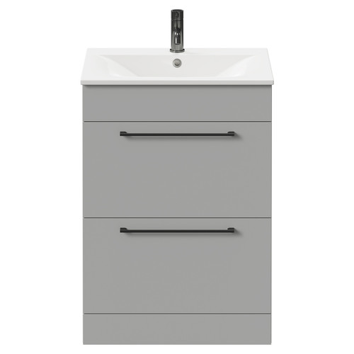 Napoli Gloss Grey Pearl 600mm Floor Standing Vanity Unit with 1 Tap Hole Minimalist Basin and 2 Drawers with Gunmetal Grey Handles Front View