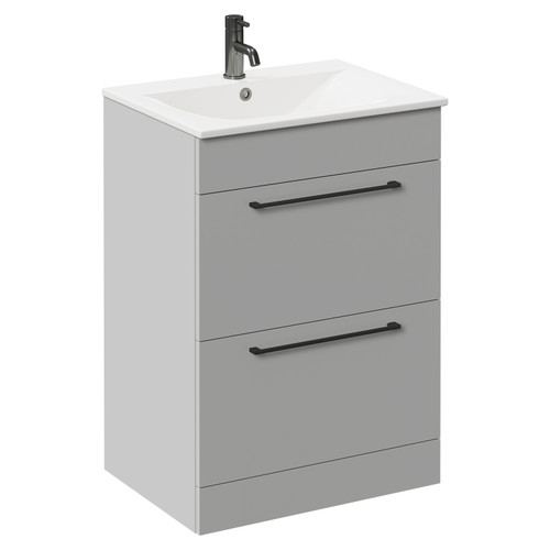 Napoli Gloss Grey Pearl 600mm Floor Standing Vanity Unit with 1 Tap Hole Minimalist Basin and 2 Drawers with Gunmetal Grey Handles Left Hand View