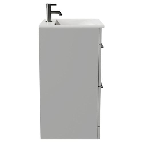 Napoli Gloss Grey Pearl 600mm Floor Standing Vanity Unit with 1 Tap Hole Minimalist Basin and 2 Drawers with Gunmetal Grey Handles Side View