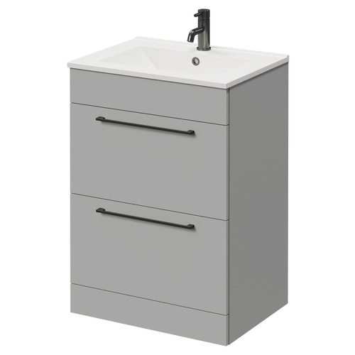 Napoli Gloss Grey Pearl 600mm Floor Standing Vanity Unit with 1 Tap Hole Minimalist Basin and 2 Drawers with Gunmetal Grey Handles Right Hand View