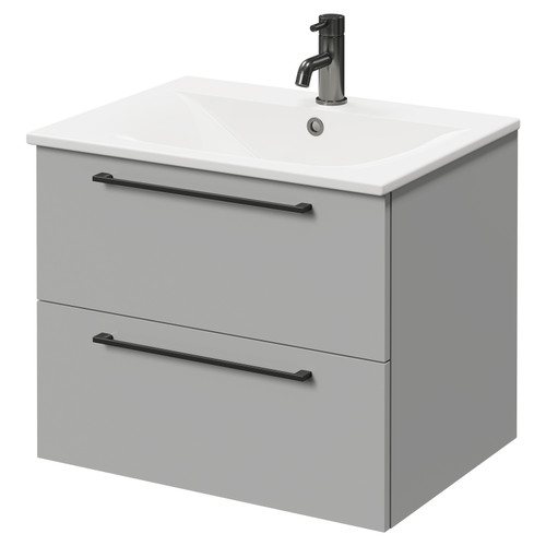 Napoli Gloss Grey Pearl 600mm Wall Mounted Vanity Unit with 1 Tap Hole Minimalist Basin and 2 Drawers with Gunmetal Grey Handles Right Hand View