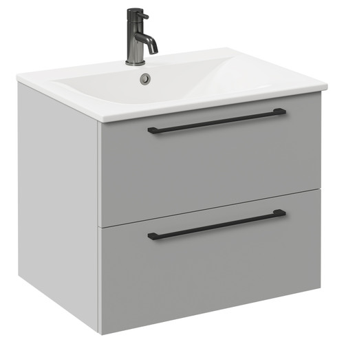 Napoli Gloss Grey Pearl 600mm Wall Mounted Vanity Unit with 1 Tap Hole Minimalist Basin and 2 Drawers with Gunmetal Grey Handles Left Hand View
