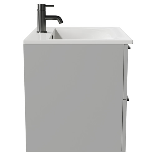 Napoli Gloss Grey Pearl 600mm Wall Mounted Vanity Unit with 1 Tap Hole Minimalist Basin and 2 Drawers with Gunmetal Grey Handles Side View