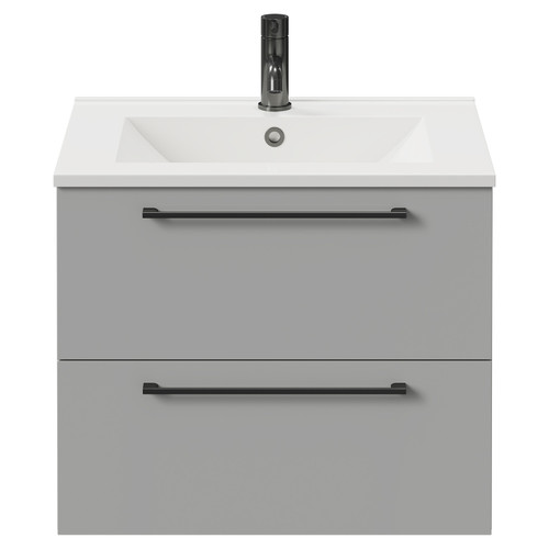 Napoli Gloss Grey Pearl 600mm Wall Mounted Vanity Unit with 1 Tap Hole Minimalist Basin and 2 Drawers with Gunmetal Grey Handles View from Front