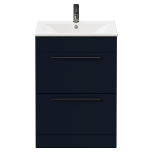 Napoli Deep Blue 600mm Floor Standing Vanity Unit with 1 Tap Hole Minimalist Basin and 2 Drawers with Gunmetal Grey Handles Front View