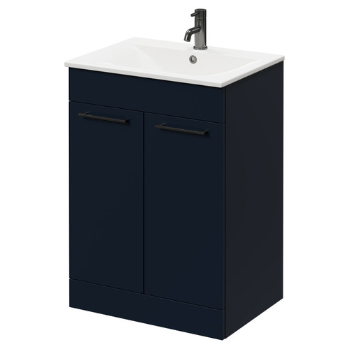Napoli Deep Blue 600mm Floor Standing Vanity Unit with 1 Tap Hole Minimalist Basin and 2 Doors with Gunmetal Grey Handles Right Hand View