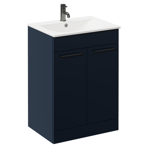 Napoli Deep Blue 600mm Floor Standing Vanity Unit with 1 Tap Hole Minimalist Basin and 2 Doors with Gunmetal Grey Handles Left Hand View