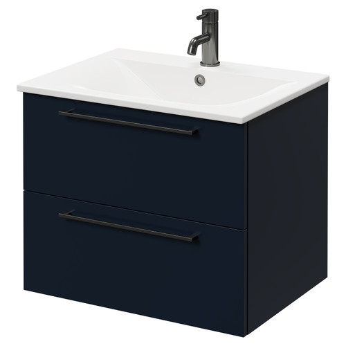 Napoli Deep Blue 600mm Wall Mounted Vanity Unit with 1 Tap Hole Minimalist Basin and 2 Drawers with Gunmetal Grey Handles Right Hand View