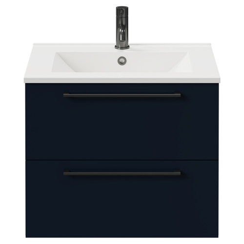 Napoli Deep Blue 600mm Wall Mounted Vanity Unit with 1 Tap Hole Minimalist Basin and 2 Drawers with Gunmetal Grey Handles View from Front