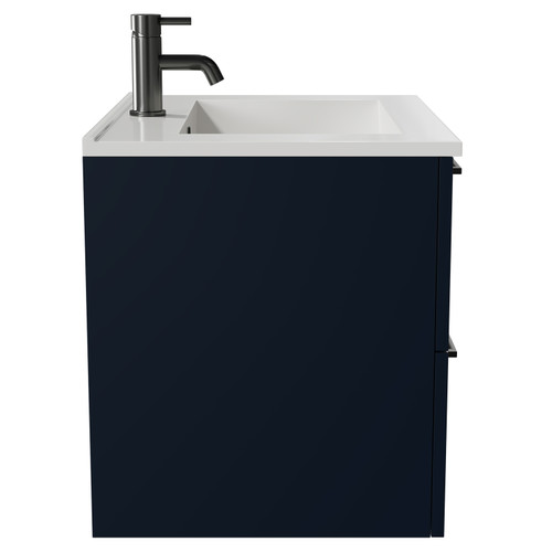 Napoli Deep Blue 600mm Wall Mounted Vanity Unit with 1 Tap Hole Minimalist Basin and 2 Drawers with Gunmetal Grey Handles View from Side