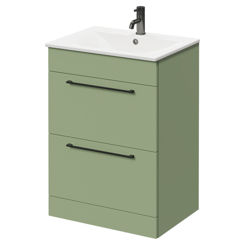 Napoli Olive Green 600mm Floor Standing Vanity Unit with 1 Tap Hole Minimalist Basin and 2 Drawers with Gunmetal Grey Handles Right Hand View