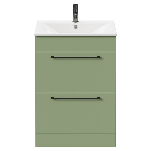 Napoli Olive Green 600mm Floor Standing Vanity Unit with 1 Tap Hole Minimalist Basin and 2 Drawers with Gunmetal Grey Handles Front View