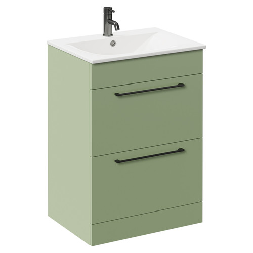 Napoli Olive Green 600mm Floor Standing Vanity Unit with 1 Tap Hole Minimalist Basin and 2 Drawers with Gunmetal Grey Handles Left Hand View
