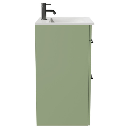 Napoli Olive Green 600mm Floor Standing Vanity Unit with 1 Tap Hole Minimalist Basin and 2 Drawers with Gunmetal Grey Handles Side View
