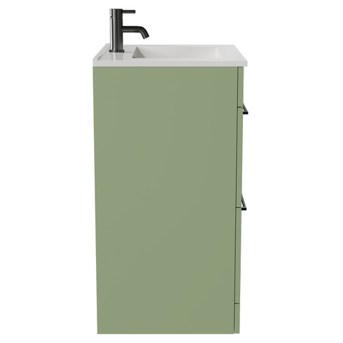 Napoli Olive Green 600mm Floor Standing Vanity Unit with 1 Tap Hole Minimalist Basin and 2 Drawers with Gunmetal Grey Handles View from Side Napoli Olive Green 600mm Floor Standing Vanity Unit with 1 Tap Hole Minimalist Basin and 2 Drawers with Gunmetal Grey Handles View from Side