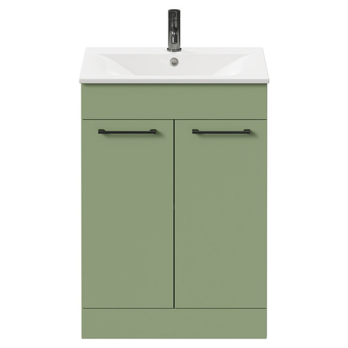 Napoli Olive Green 600mm Floor Standing Vanity Unit with 1 Tap Hole Minimalist Basin and 2 Doors with Gunmetal Grey Handles Front View