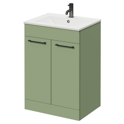 Napoli Olive Green 600mm Floor Standing Vanity Unit with 1 Tap Hole Minimalist Basin and 2 Doors with Gunmetal Grey Handles Right Hand View Napoli Olive Green 600mm Floor Standing Vanity Unit with 1 Tap Hole Minimalist Basin and 2 Doors with Gunmetal Grey Handles Right Hand View