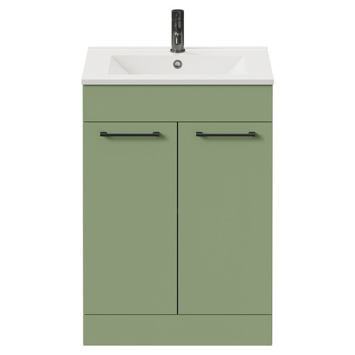 Napoli Olive Green 600mm Floor Standing Vanity Unit with 1 Tap Hole Minimalist Basin and 2 Doors with Gunmetal Grey Handles View from Front