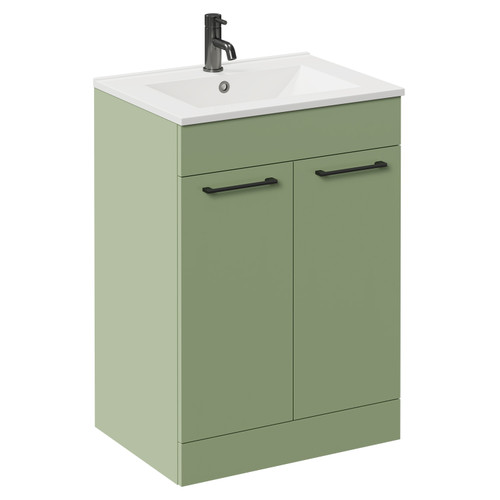 Napoli Olive Green 600mm Floor Standing Vanity Unit with 1 Tap Hole Minimalist Basin and 2 Doors with Gunmetal Grey Handles Left Hand View