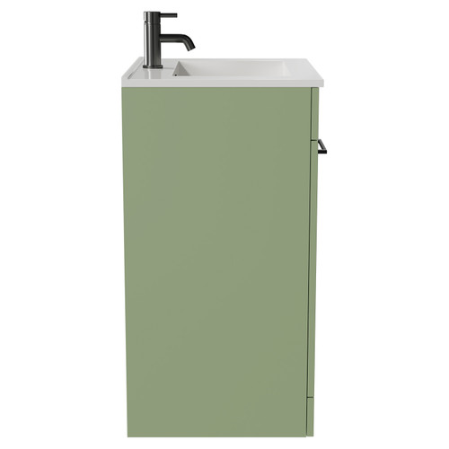 Napoli Olive Green 600mm Floor Standing Vanity Unit with 1 Tap Hole Minimalist Basin and 2 Doors with Gunmetal Grey Handles View from Side