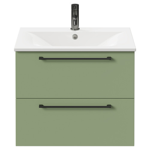 Napoli Olive Green 600mm Wall Mounted Vanity Unit with 1 Tap Hole Minimalist Basin and 2 Drawers with Gunmetal Grey Handles Front View
