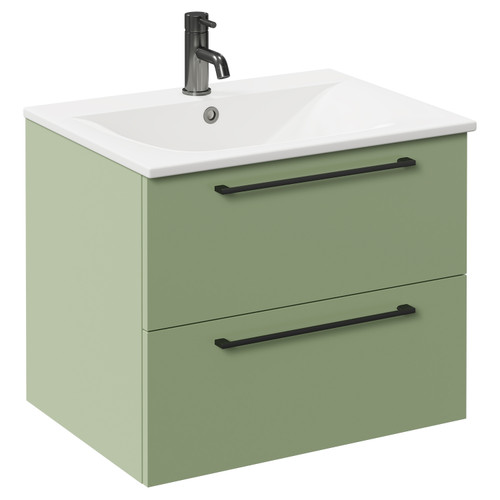 Napoli Olive Green 600mm Wall Mounted Vanity Unit with 1 Tap Hole Minimalist Basin and 2 Drawers with Gunmetal Grey Handles Left Hand View